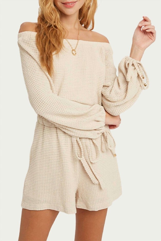 WAFFLE-KNIT OFF-THE SHOULDER ROMPER IN OATMEAL, Oatmeal / Beige, hi-res image number 0