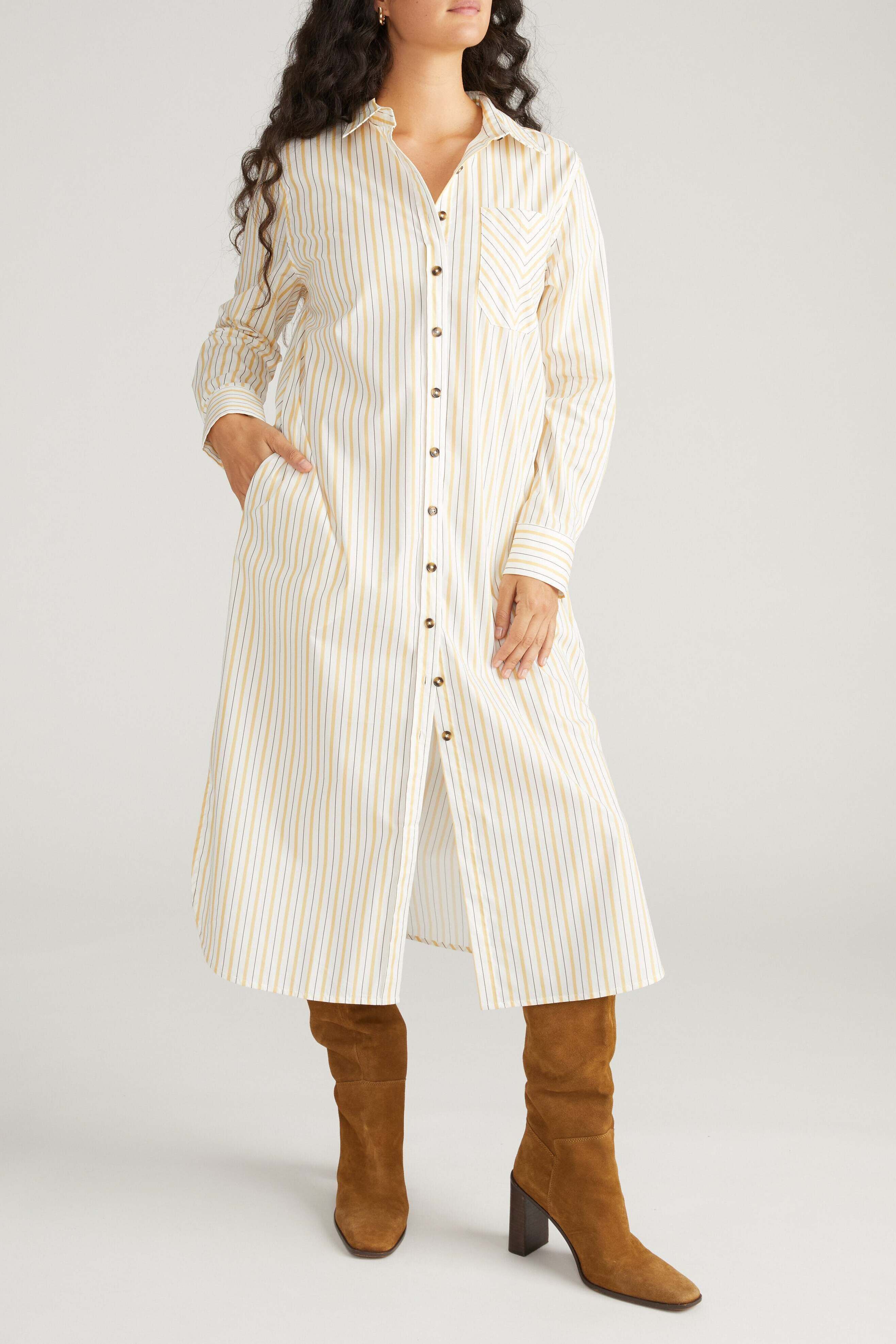 Women's Plus Size Odeon Stretch Poplin Shirtdress, Yellow Multi Stripe / multi, alternate image number 1