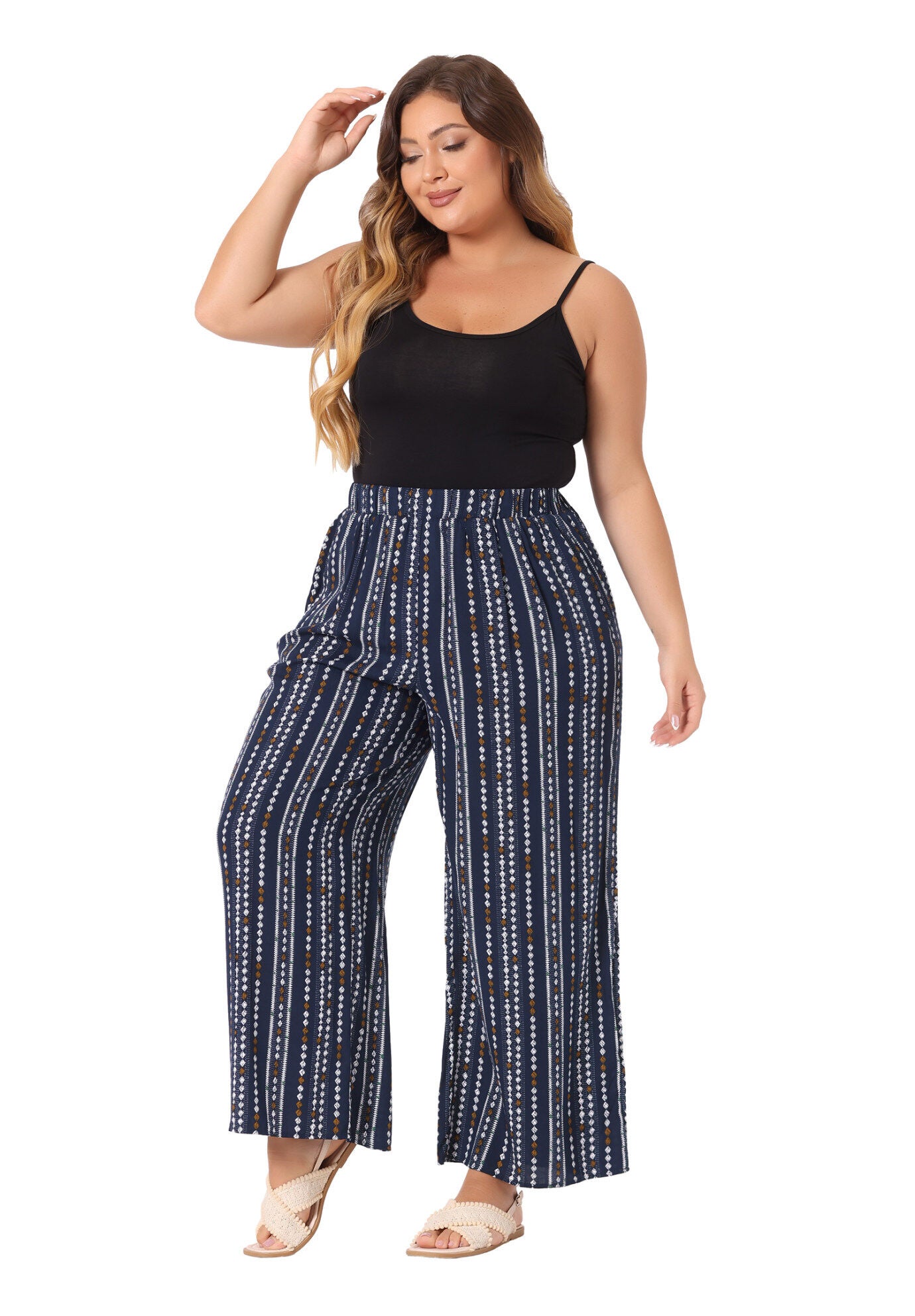 STRIPE BOHO WIDE LEG PAPER BAG PALAZZO PANTS, Navy Blue / Navy, hi-res image number 0