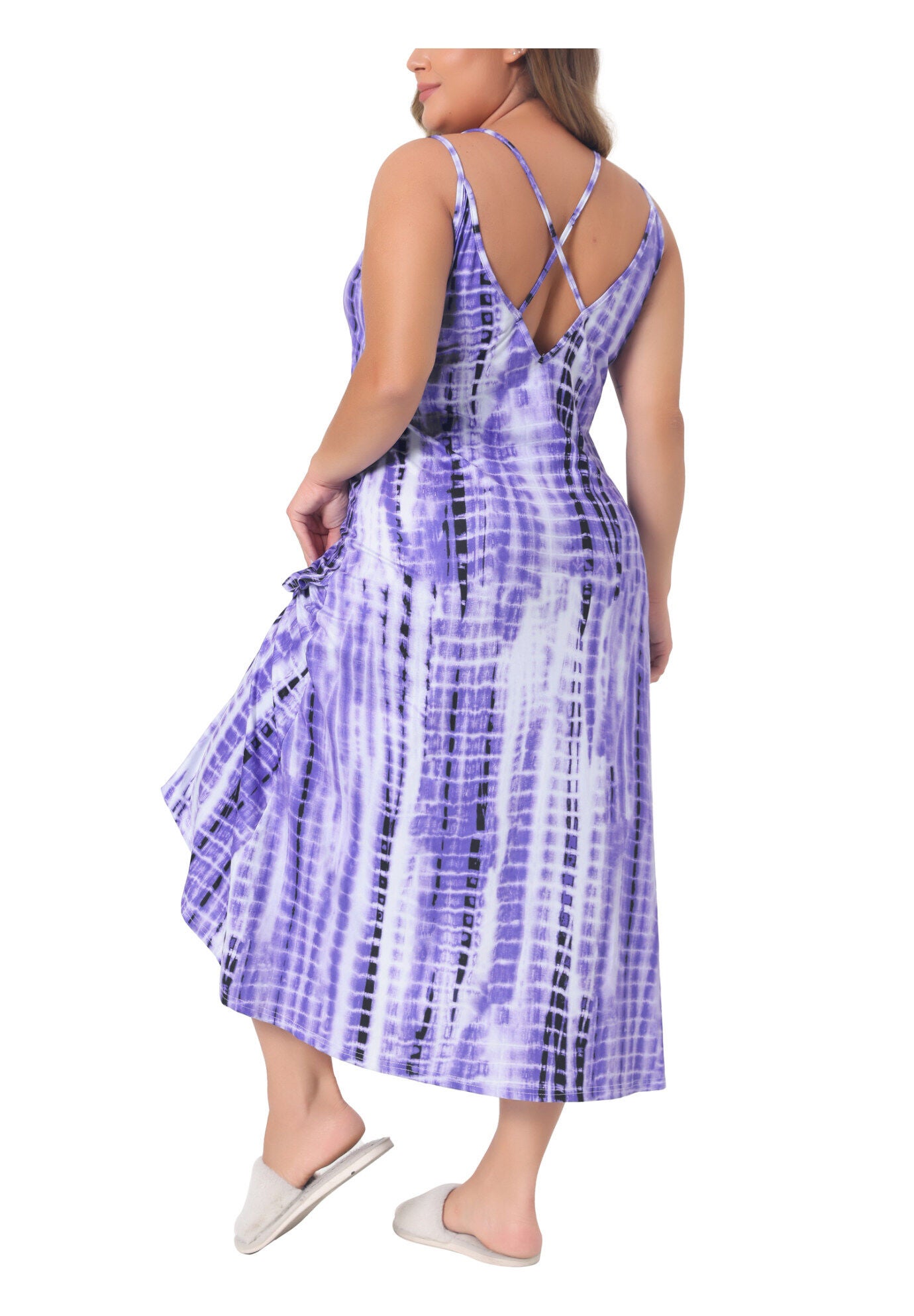 Criss Cross Spaghetti Strap Bohemian Tie Dye Summer Maxi Dress, Purple / Purple, alternate image number 3