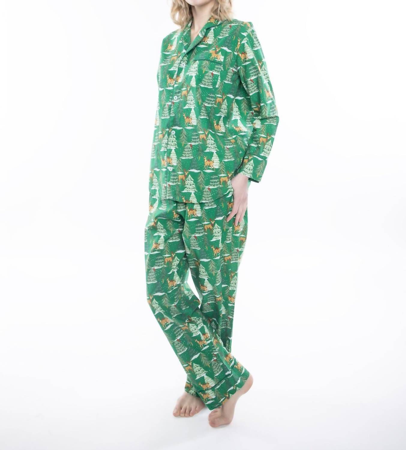 DEER JAMAS LONG SLEEVE PAJAMA SET IN GREEN, Green / Forest Green, hi-res image number 0