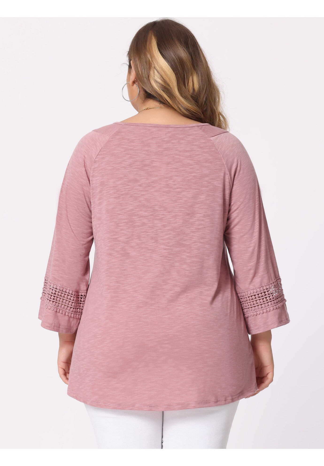 CROCHET PANEL HOLLOW OUT PLEATED TUNICS BLOUSE TOP, Dark Pink / Pink, alternate image number 2