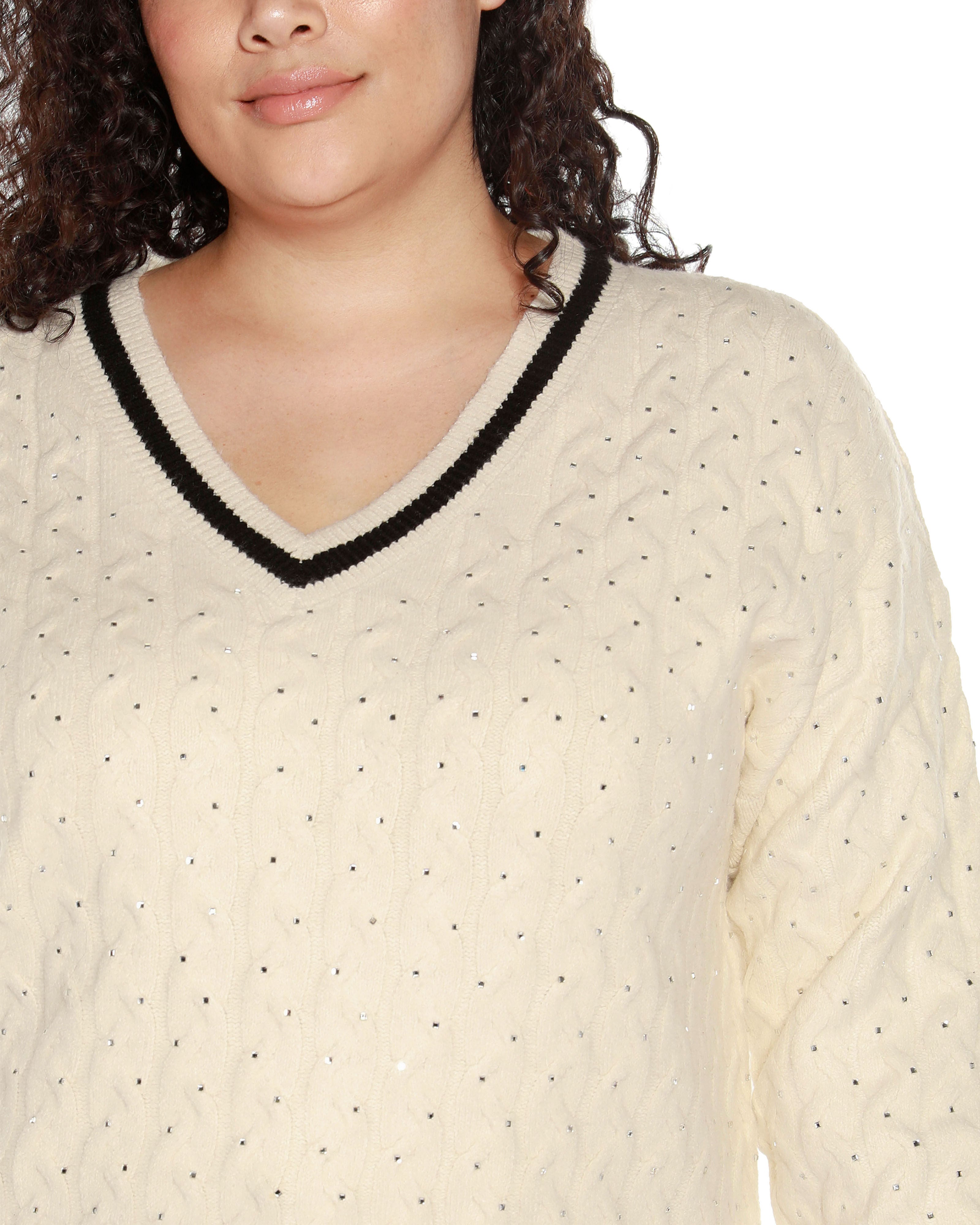 EMBELLISHED CABLED V-NECK SWEATER, Winter White  Black / Cream, alternate image number 3