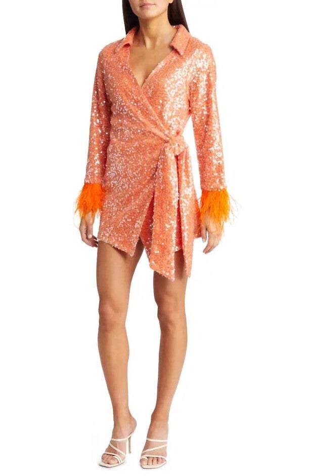 FITZ SEQUIN WRAP MINI DRESS IN ORANGE, Orange / Orange, hi-res image number null