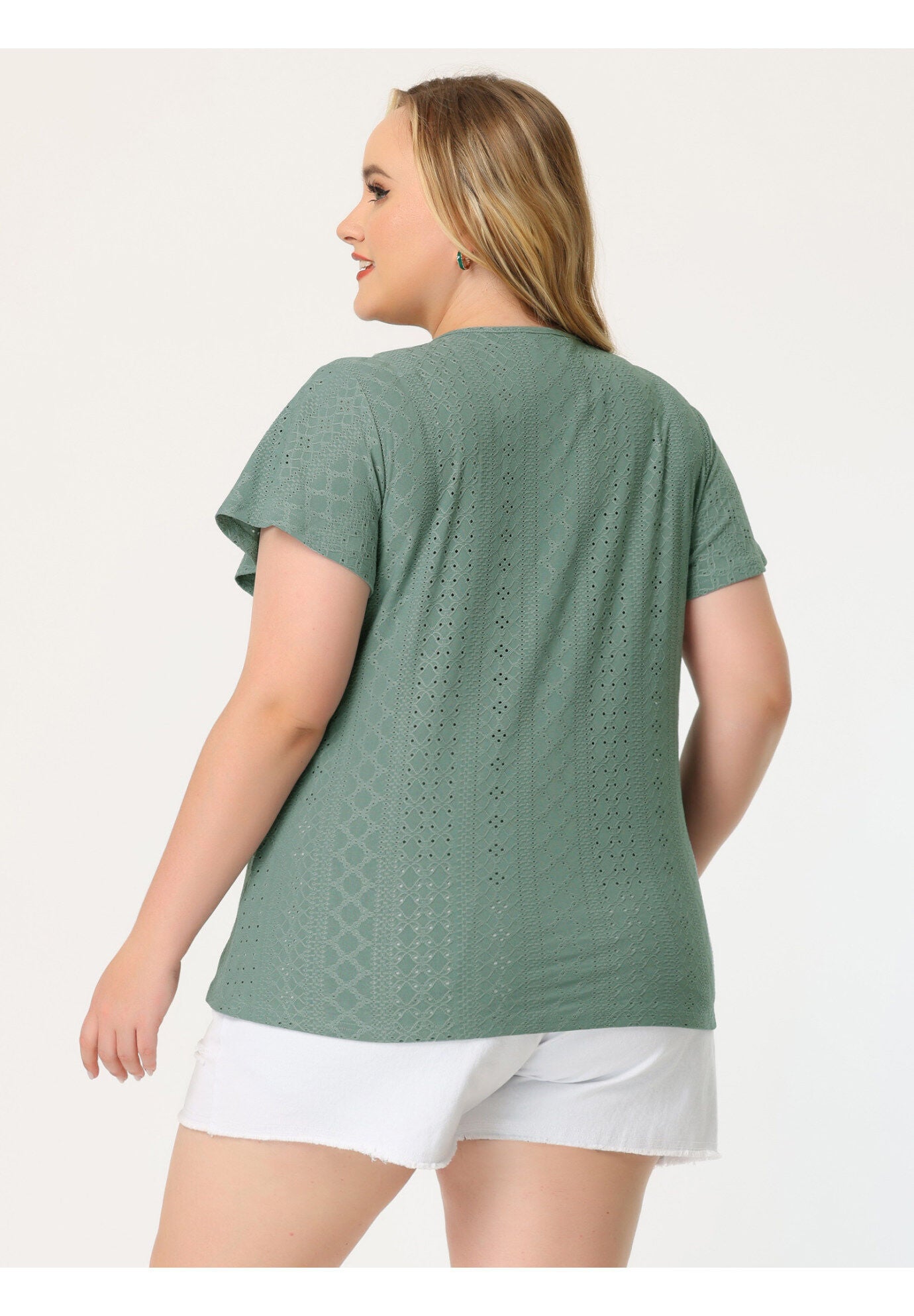 Summer Tee V Neck Hollow Flare Short Sleeve Casual Top Tunic, Green / Olive Green, alternate image number 3