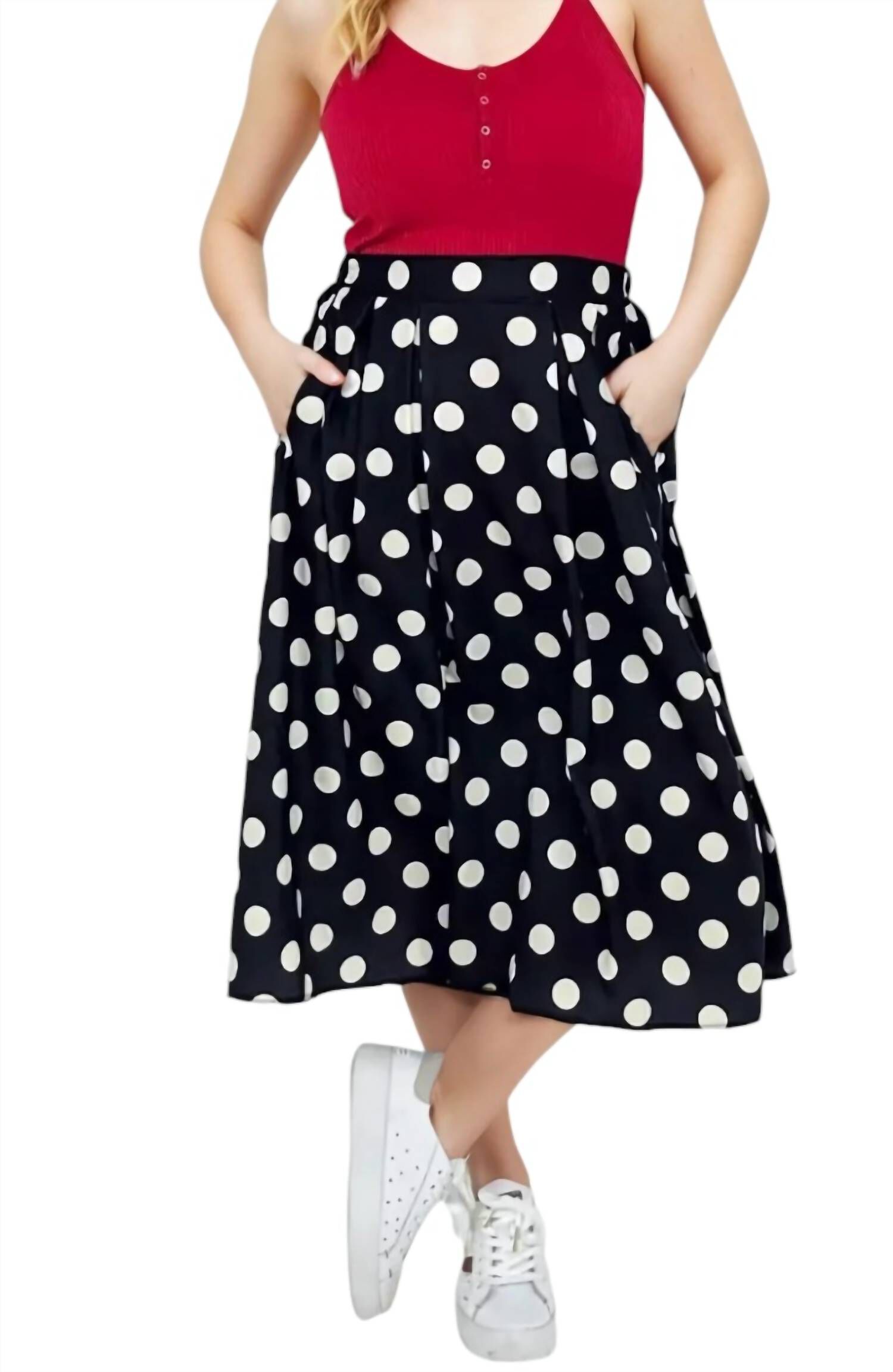 POLKA DOT PLEATED MIDI SKIRT, Black / Black, hi-res image number 0