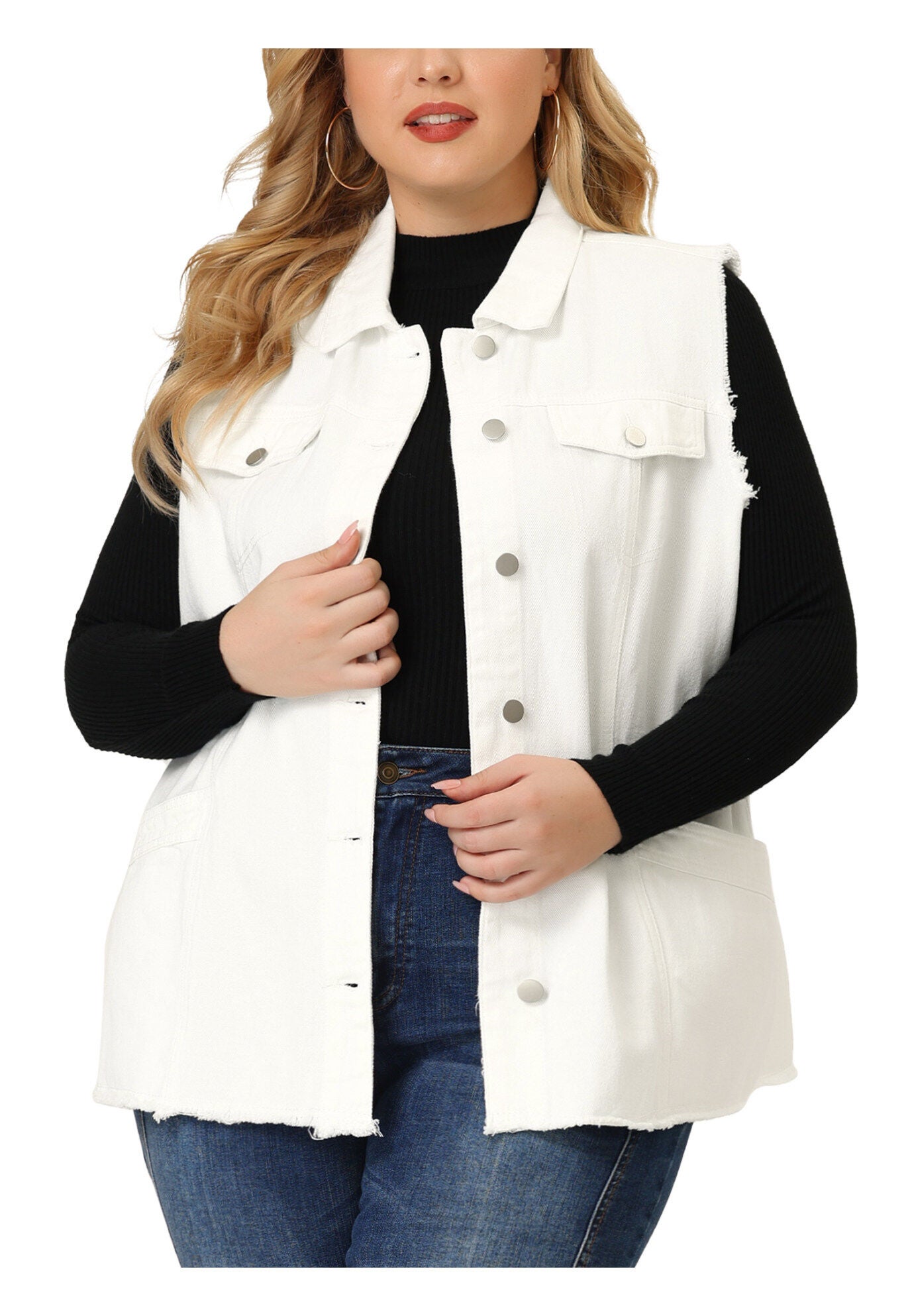 BUTTON FRONT LAPEL FRAYED WASHED SLEEVELESS LONG DENIM VEST, White / White, alternate image number 2