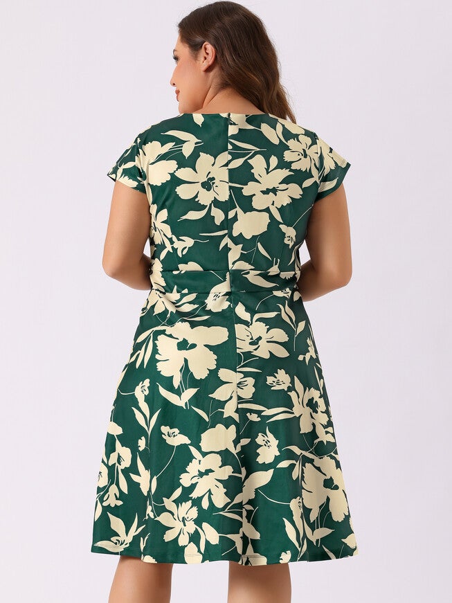 Deep V Neck Above Knee Cap Sleeve Floral Dress, Dark Green / Hunter Green, alternate image number 3