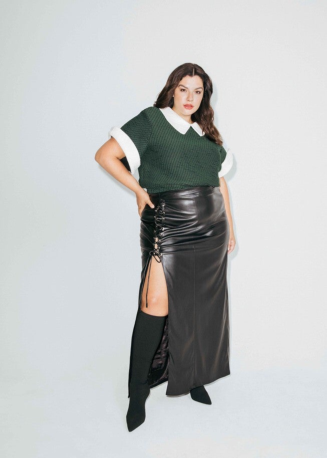 Leather' Maxi Lace Up Skirt, Black / Black, hi-res image number 0