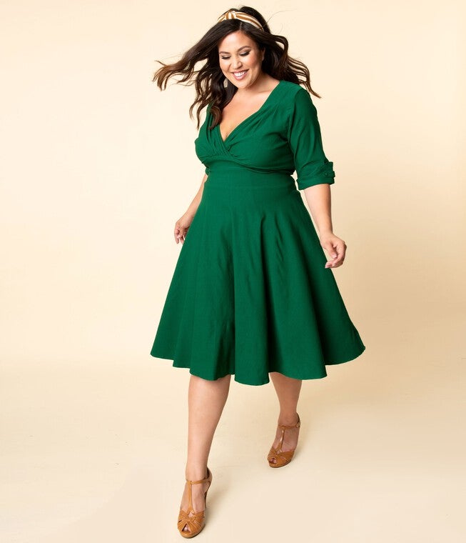Unique Vintage Emerald Green Delores Swing Dress with Sleeves, Emerald Green / Forest Green, hi-res image number 0
