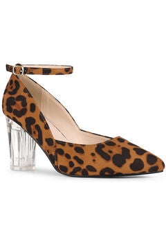 Pointed Toe Ankle Strap Clear Chunky Heel Pumps