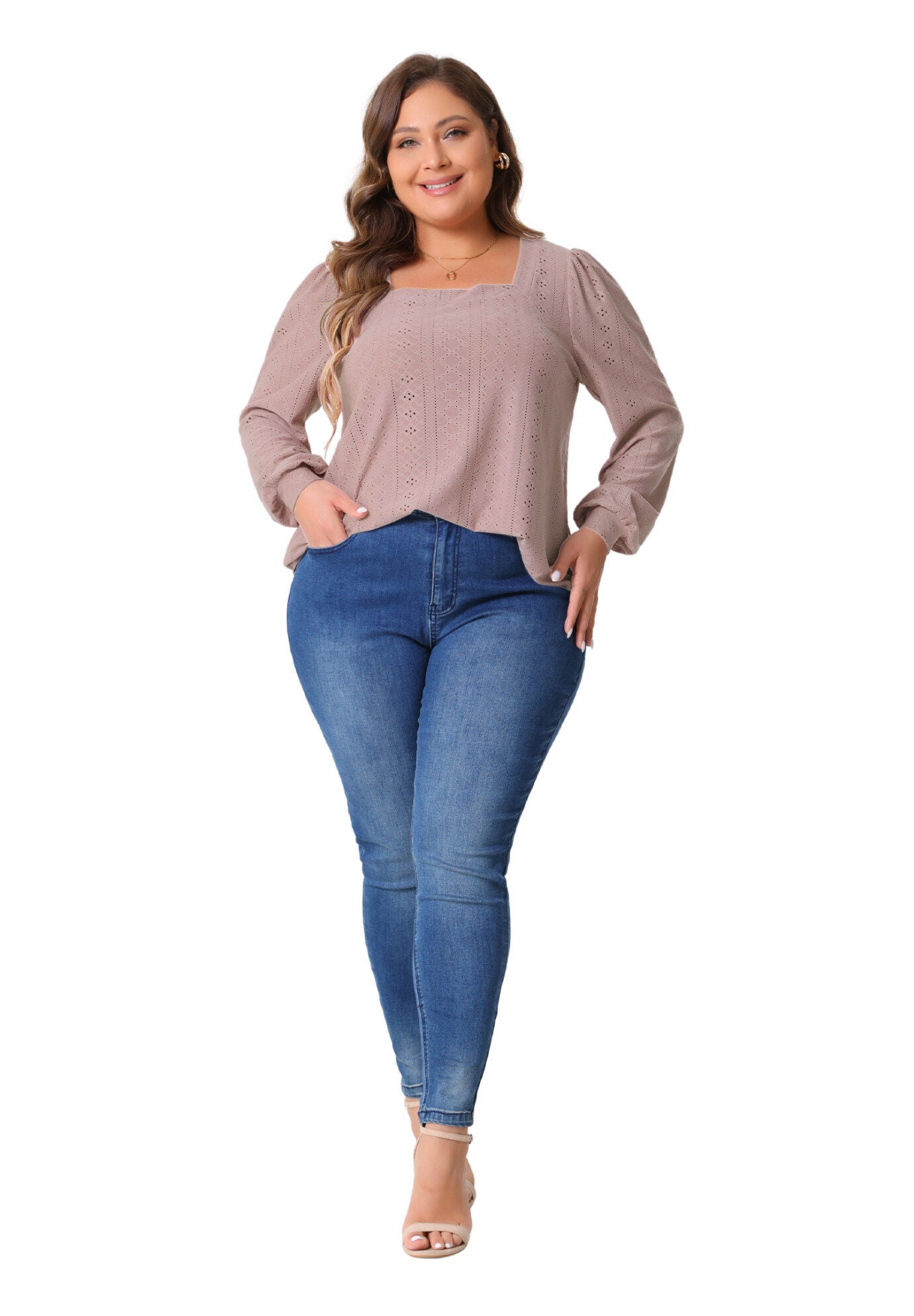 Square Neck Hollow Long Sleeve Eyelet Blouse, Dark Pink / Mauve, hi-res image number 0