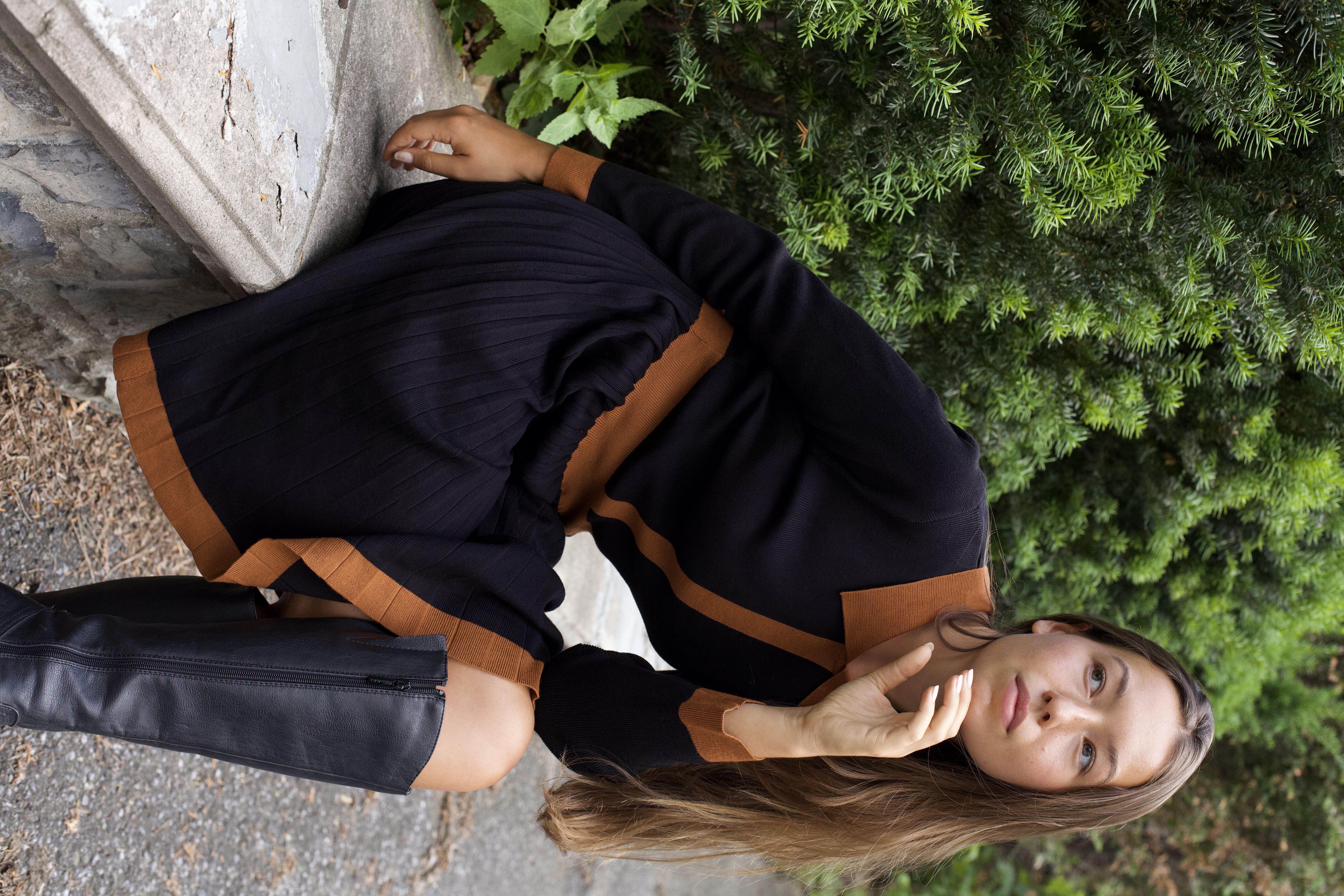 Clarissa Knit Women's Dress Contrast Trim Long Sleeves, Black / Black, alternate image number 2