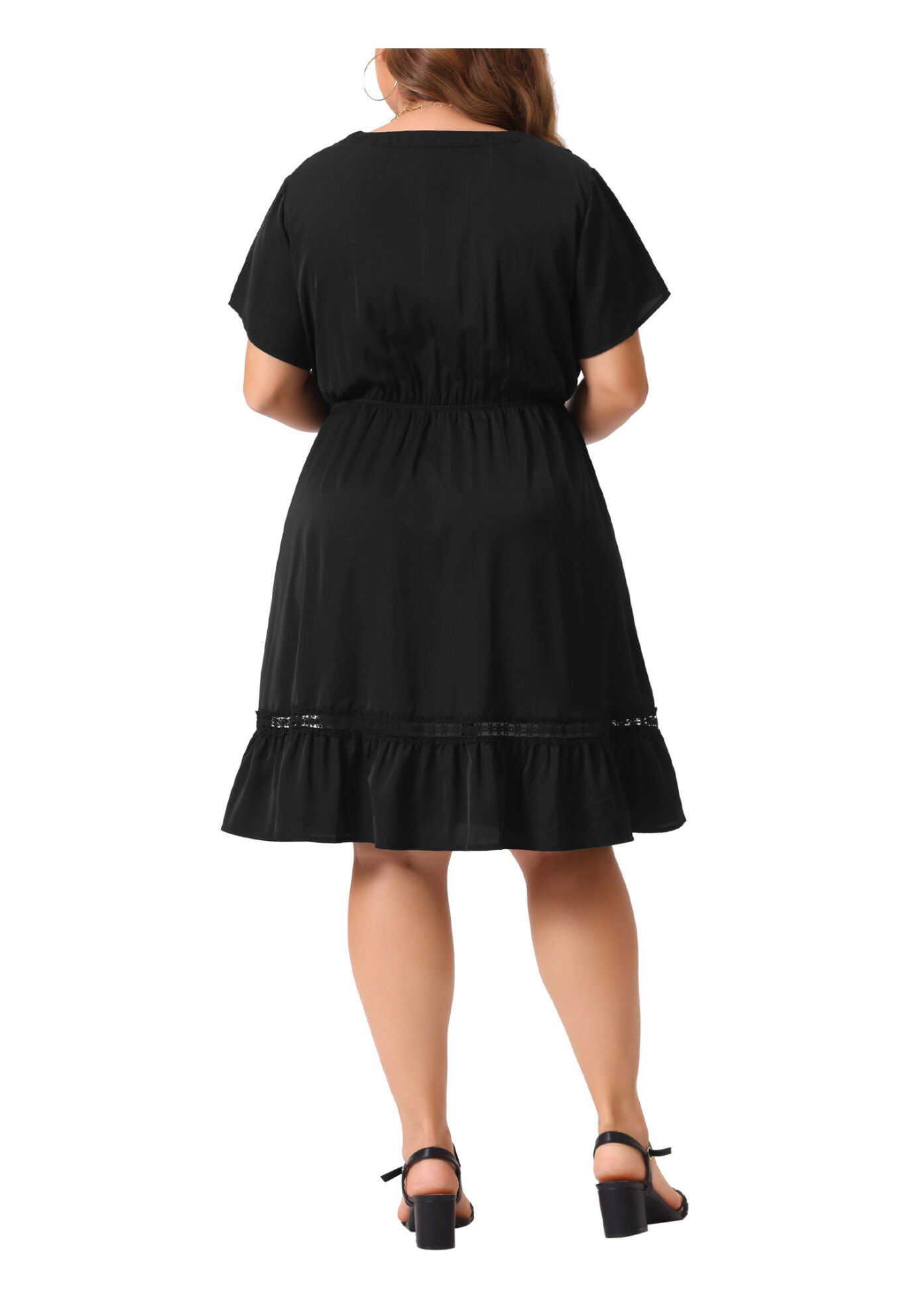 Button V Neck Summer Midi Ruffle A Line Swing Dress, Black / Black, alternate image number 3