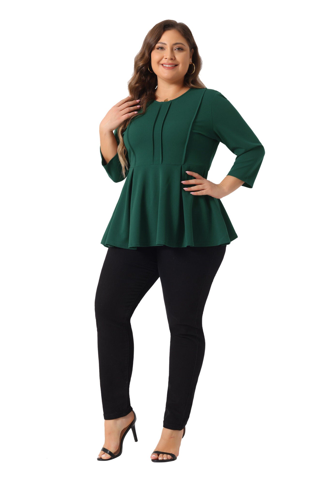 Crew Neck 3/4 Sleeve Peplum Top, Green / Forest Green, hi-res image number 0