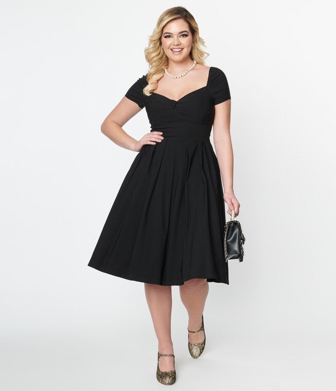 Unique Vintage Black Sweetheart Midge Swing Dress, Black / Black, hi-res image number 0