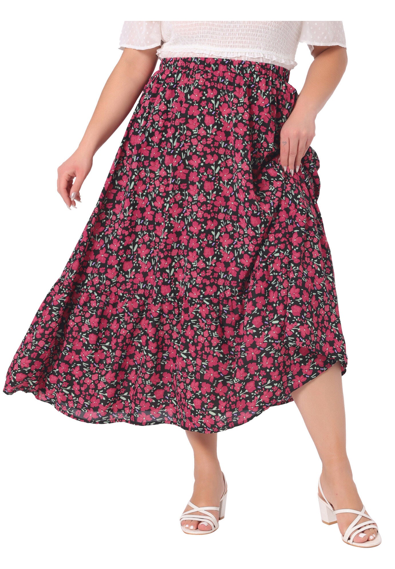 Summer Floral Flowy Stretchy Waist Layered A Line With Pocket Maxi Skirt, Black / Black, alternate image number 1