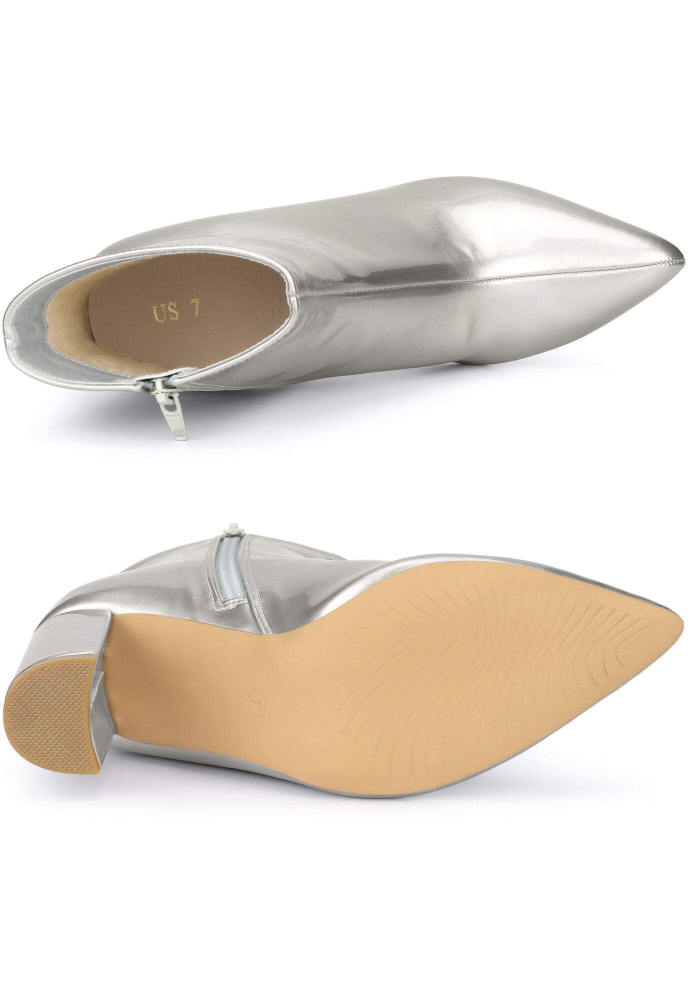 PATENT LEATHER POINTED TOE ZIP ANKLE BOOTS, Silver / Silver, alternate image number 2