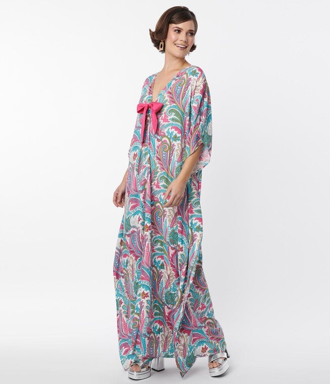 UNIQUE VINTAGE PINK & BLUE PAISLEY PRINT BOW FRONT CAFTAN, , alternate image number null