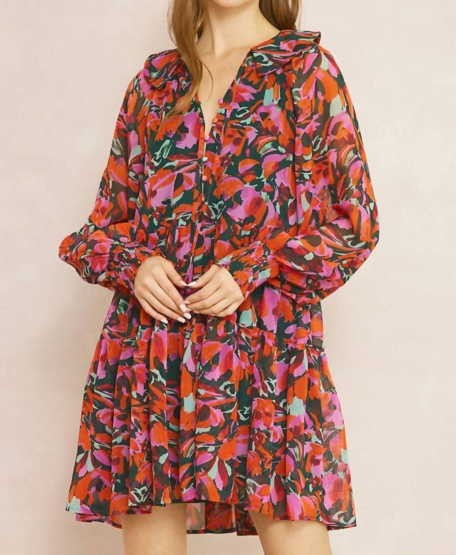 PRINTED LONG SLEEVE MINI DRESS IN RED/GREEN, RedGreen / Red, hi-res image number 0