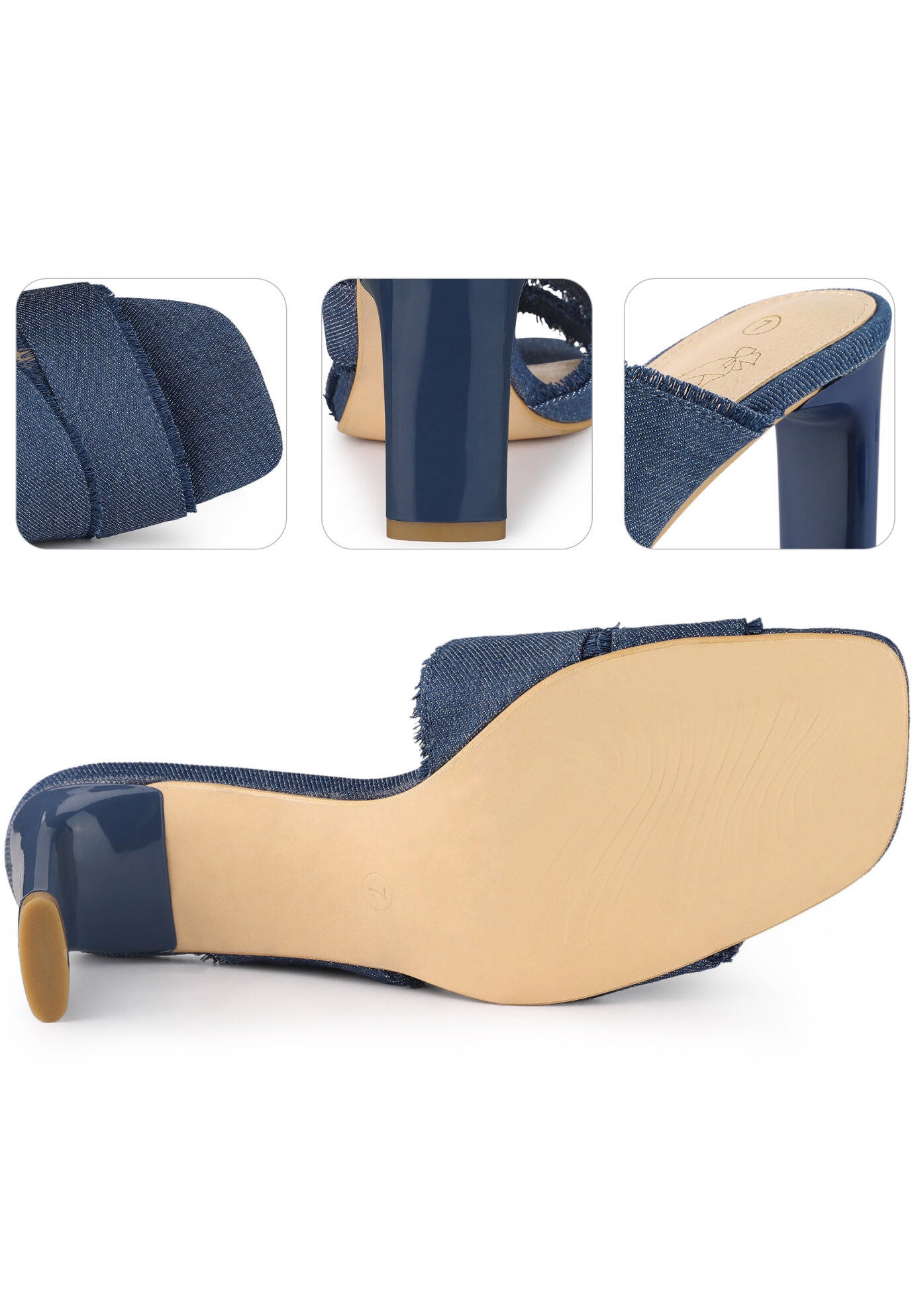 Denim Sandals Chunky Heels Slides Mules, Blue / Navy, alternate image number 2