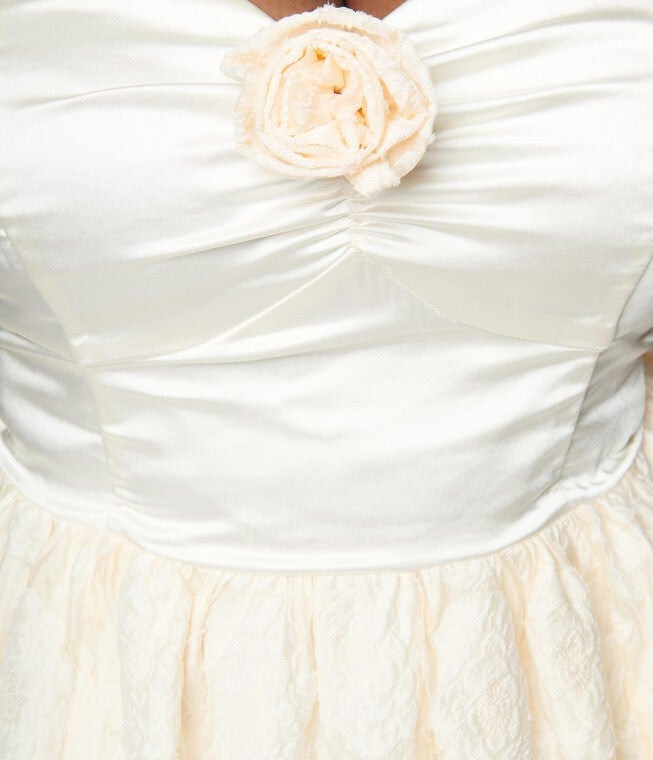 Unique Vintage 1950s Ivory Floral Off Shoulder Flare Dress, , alternate image number 6