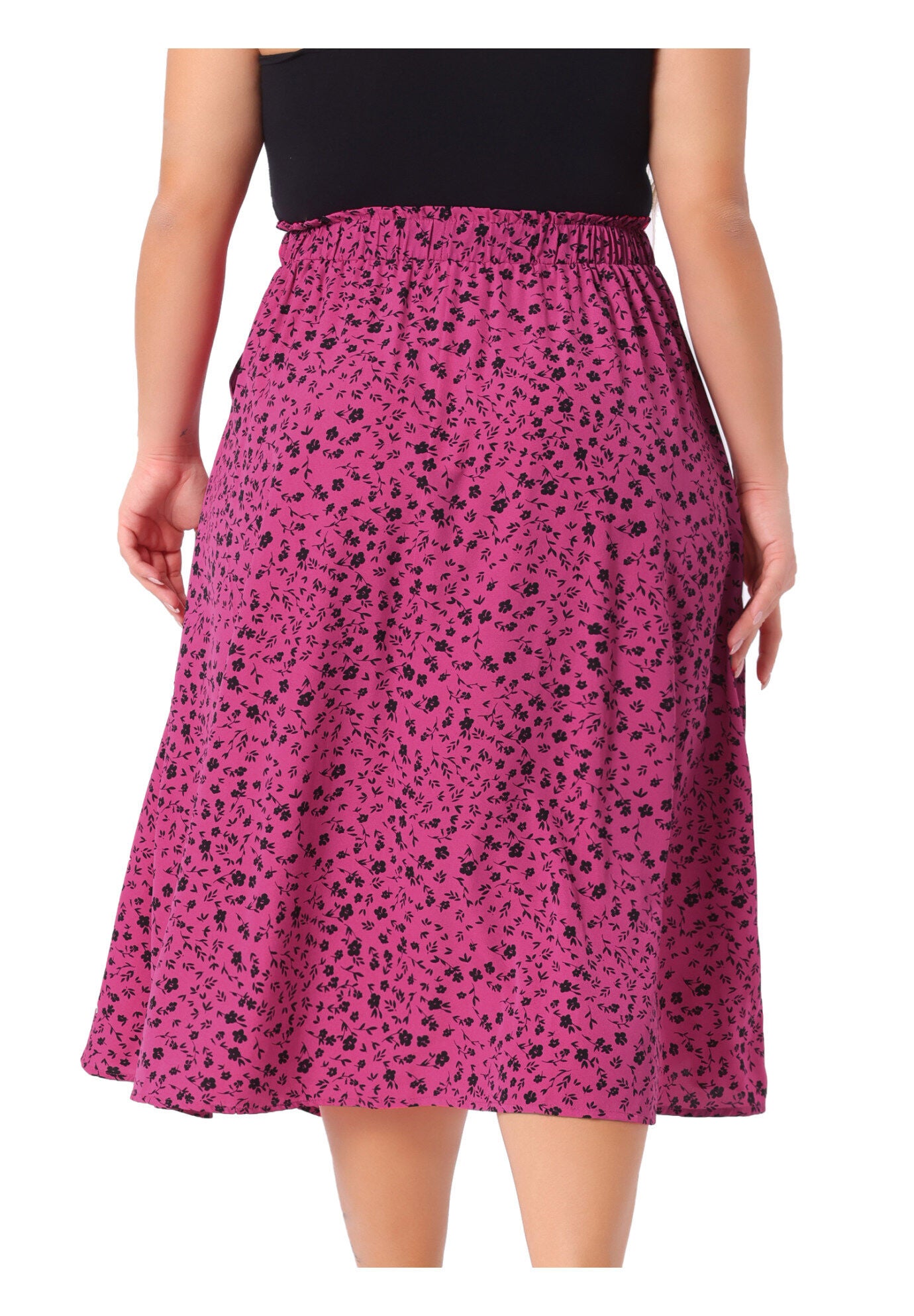 Printed Chiffon Elastic Waist Flowy Midi Skirt with Pockets, Hot Pink / Pink, alternate image number 3