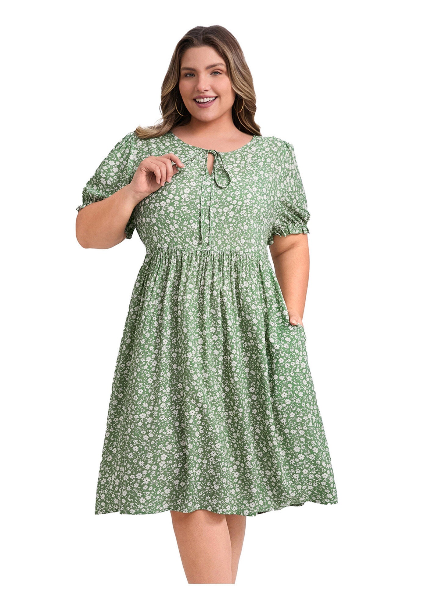 Floral Tie Neck Puff Sleeves Above Knee A-Line Dress with Pockets, Light Green / Light Green, hi-res image number 0