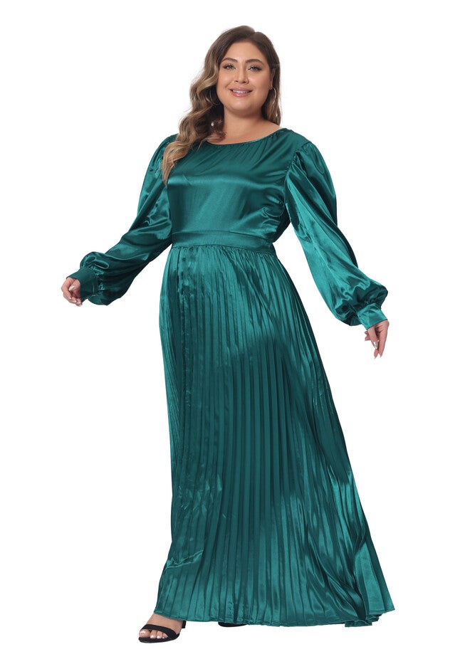 Lantern Long Sleeve Flowy Swing Pleated Maxi Dress, Green / Deep Fuchsia, hi-res image number 0
