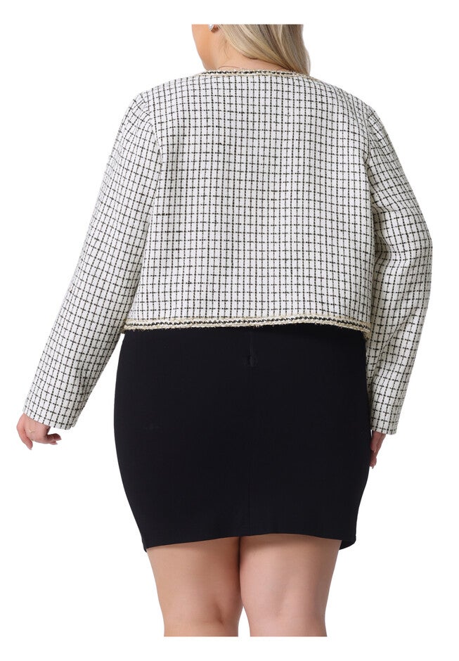 COLLARLESS OPEN FRONT PLAID TWEED BLAZER JACKET, White / White, alternate image number 3