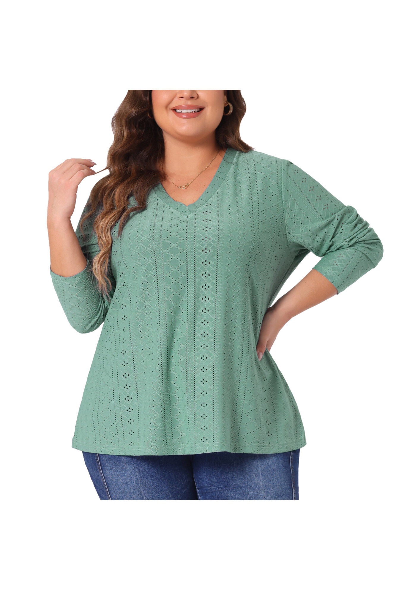V Neck Long Sleeve Hollow Eyelet Top T-Shirt Tee, Green / Light Green, alternate image number 2