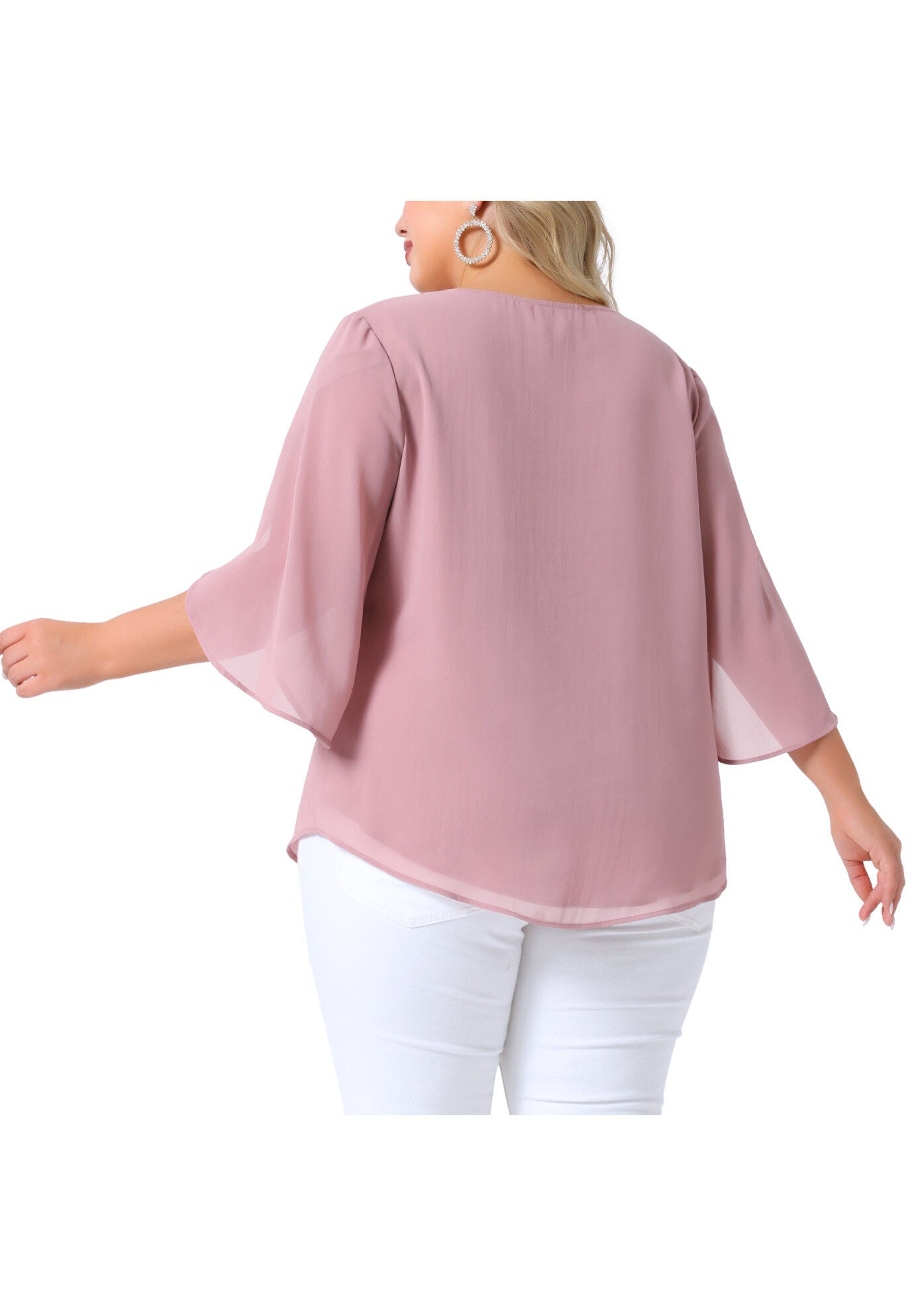 Flutter Petal Half 3/4 Sleeve Loose Chiffon Top, Pink / Pink, alternate image number 3