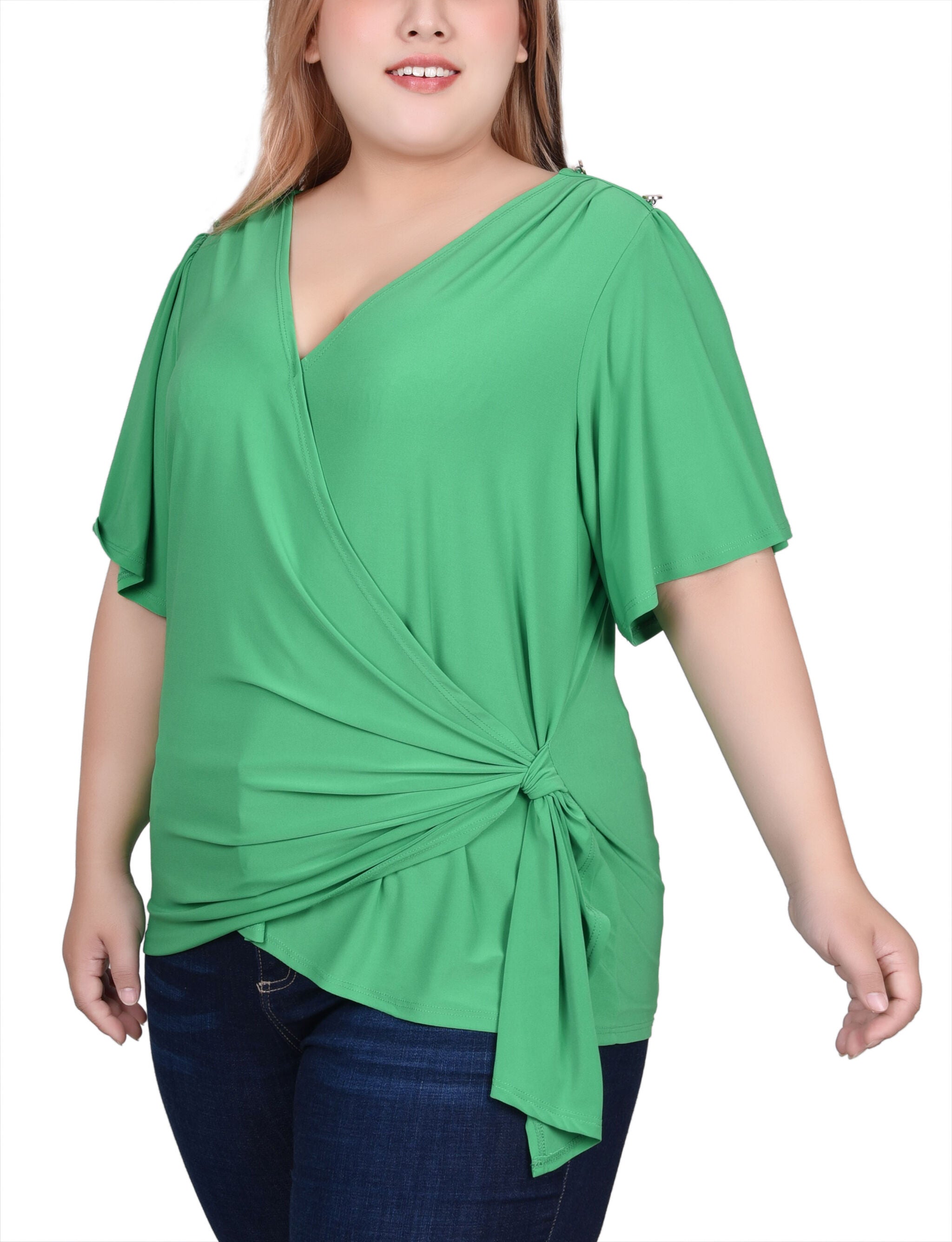 Short Sleeve Wrap Top, Bright Green / green, alternate image number 2