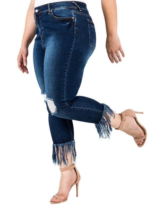 Plus Size Laura Fringe Frayed Hem Distressed Indigo Stretch Jeans, Blue / Medium Wash, alternate image number 3