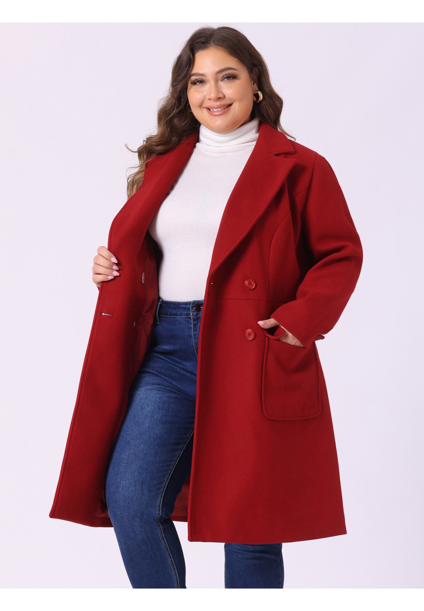 NOTCH LAPEL DOUBLE BREASTED PEA TRENCH COAT, Dark Red / Red, alternate image number 1