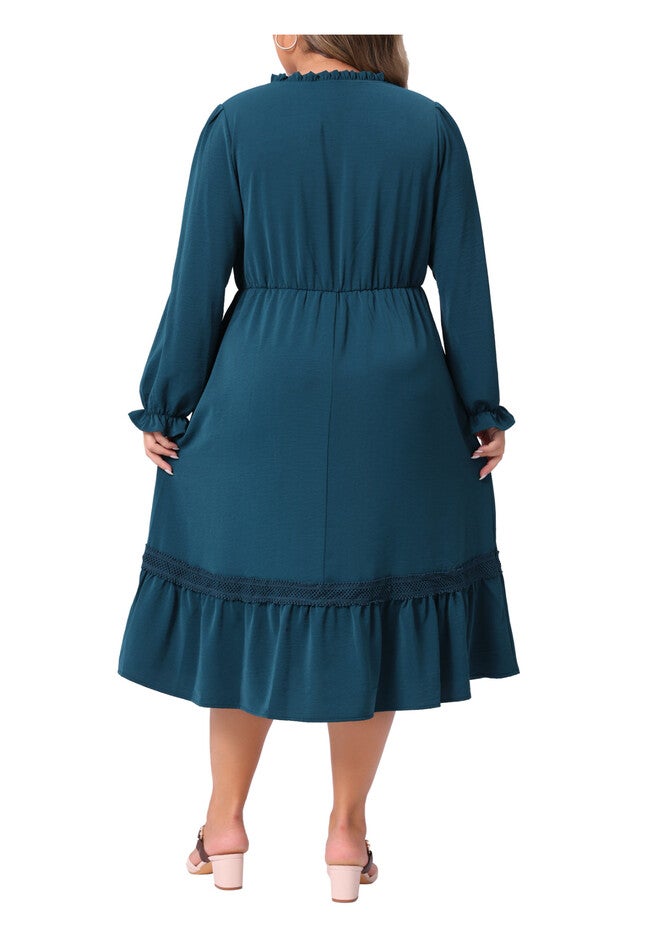 Ruffle V Neck Midi A-Line Layered Fall Dress, Peacock Blue / Teal, alternate image number 2