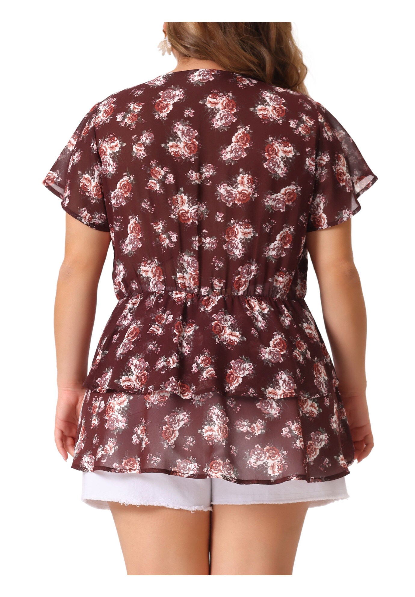 Short Sleeve Layered Casual Floral Blouse Summer Top, Wine Red / Burgundy, alternate image number 1