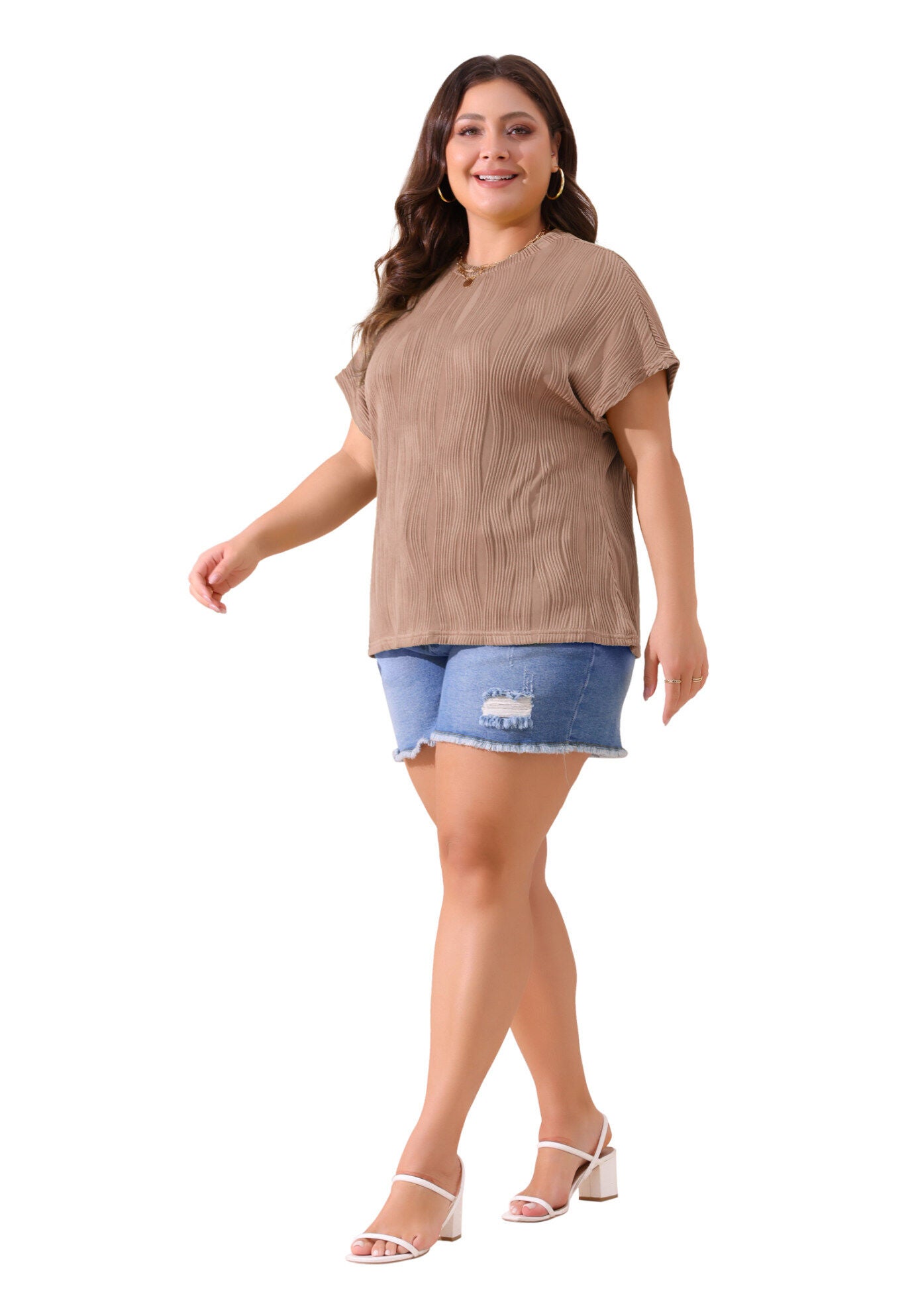 Short Sleeve Textured Top Crewneck T-Shirt, Brown / Brown, hi-res image number 0