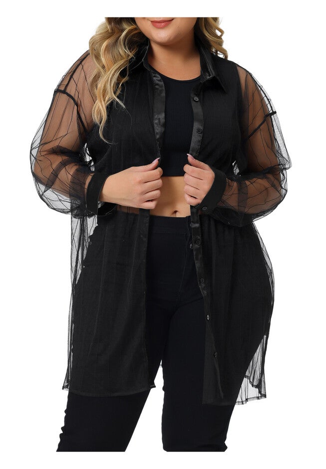 MESH SHEER LONG SLEEVE BUTTON DOWN SEE THROUGH SHIRT TOP, Black / Black, alternate image number 2