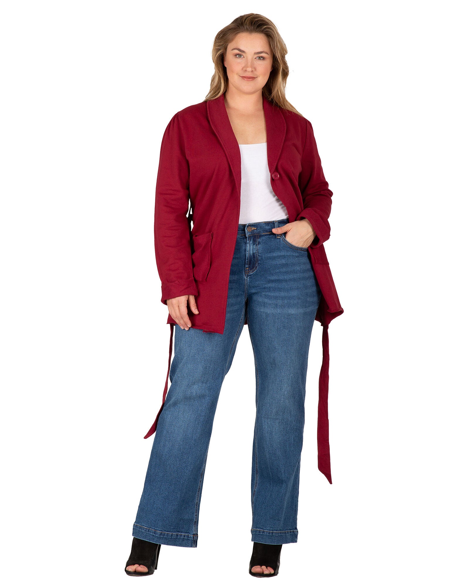 Reverse Trim Shawl Collared Self Tie Cardigan, DKROSE / Red, alternate image number 1