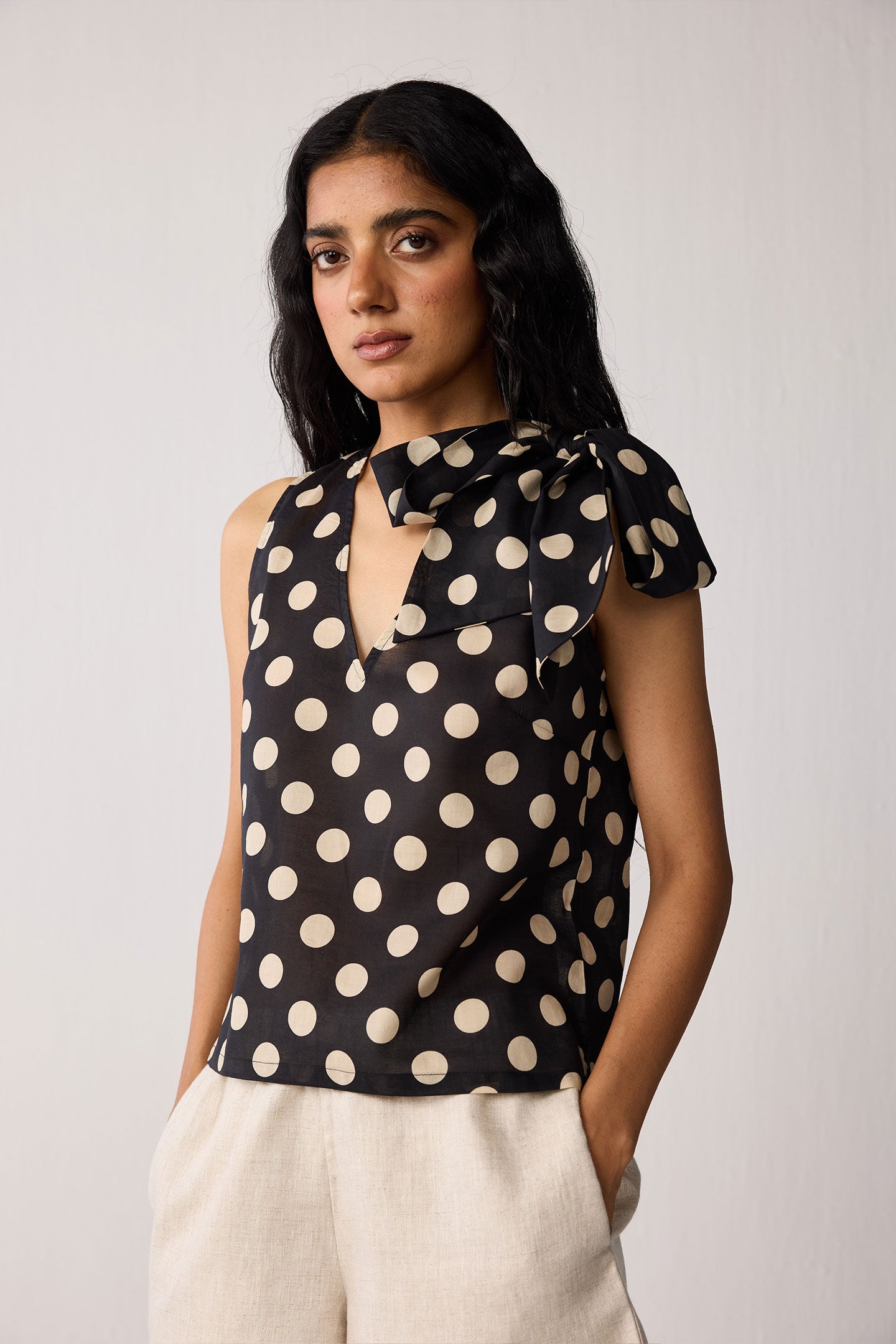 Regular V-Neck Polka Dot Top with Bow Detail, Midnight Confetti / Black, alternate image number 4