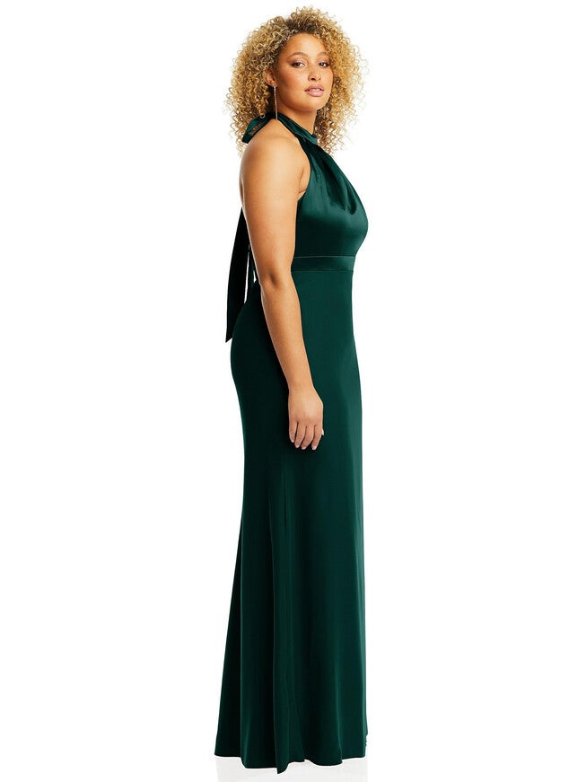 High-Neck Open-Back Maxi Dress with Scarf Tie, Evergreen / Hunter Green, alternate image number null