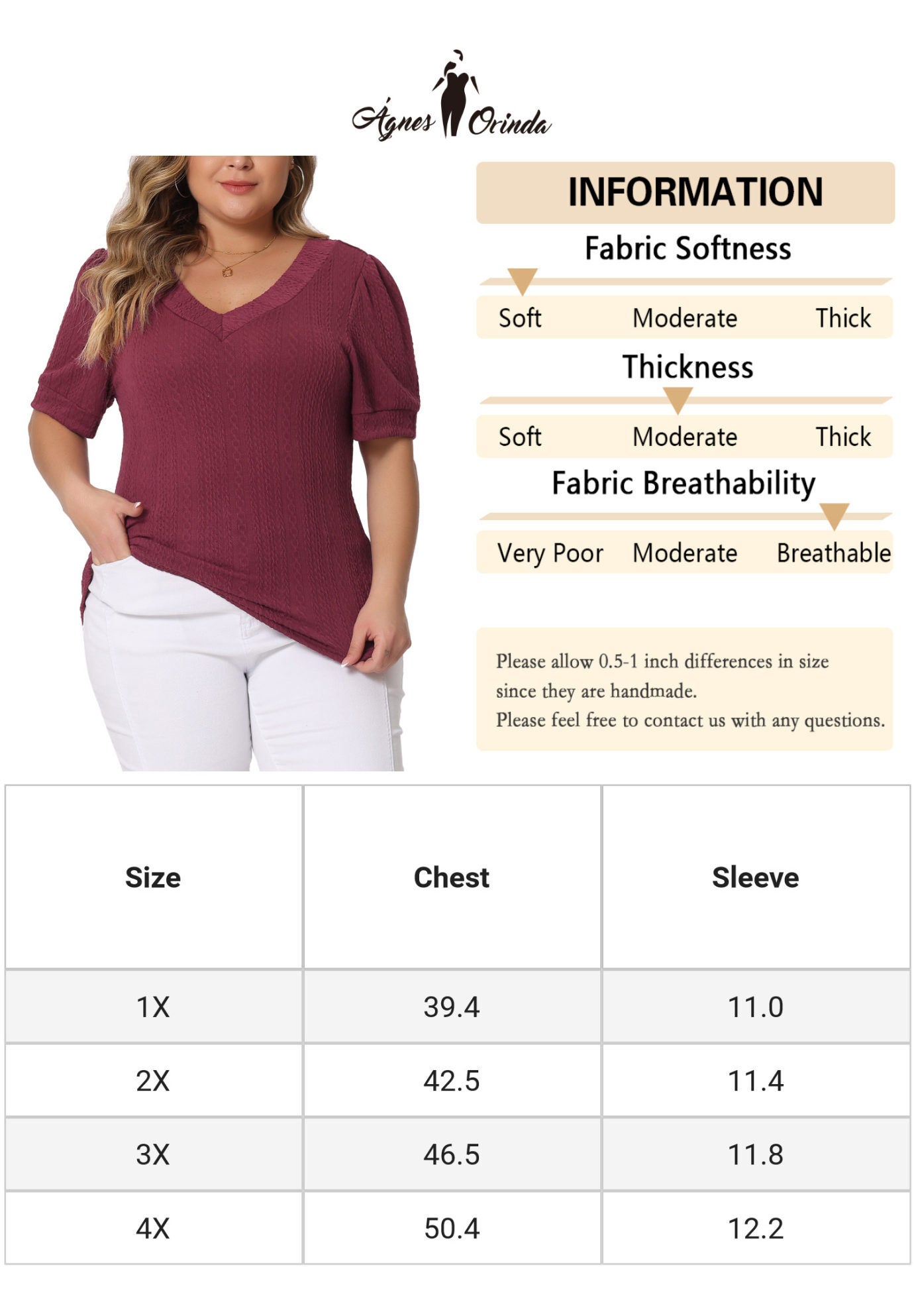 DEEP V NECK SHORT SLEEVE T-SHIRT CASUAL TOP, Burgundy / Red, alternate image number 4