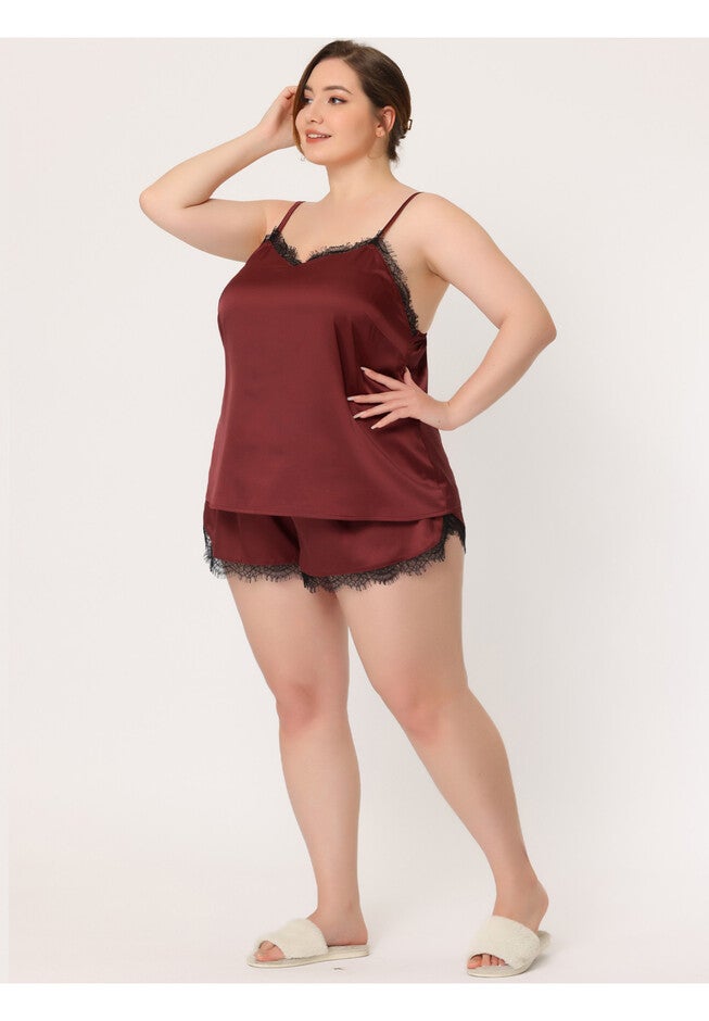 SATIN LACE PANEL CAMI TOP AND SHORTS SLEEPWEAR 2 PIECES PAJAMAS SET, Burgundy / Red, alternate image number 3