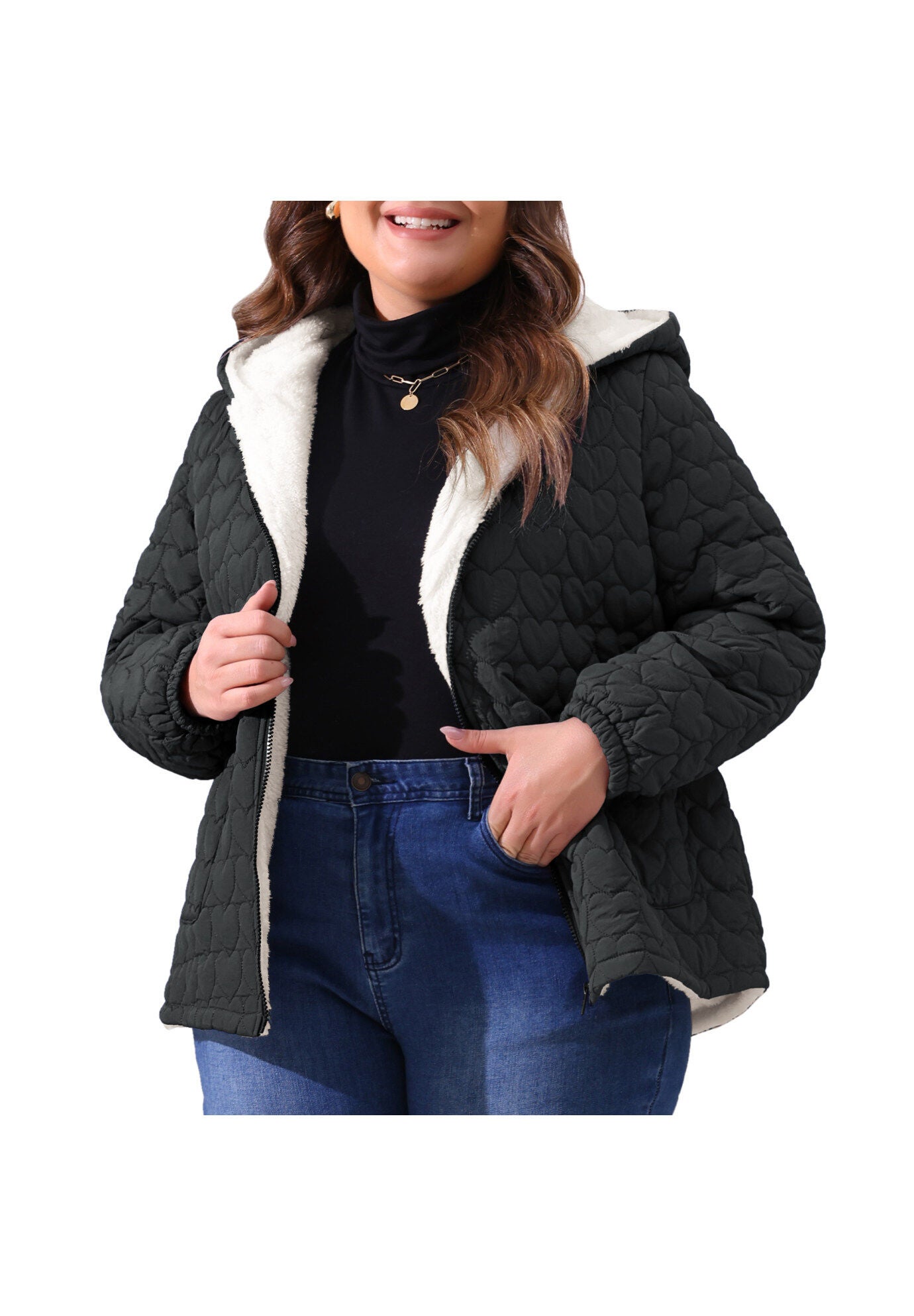 Puffer Hooded Jacket Quilted Full Zip Winter Coats, Black / Black, alternate image number 1