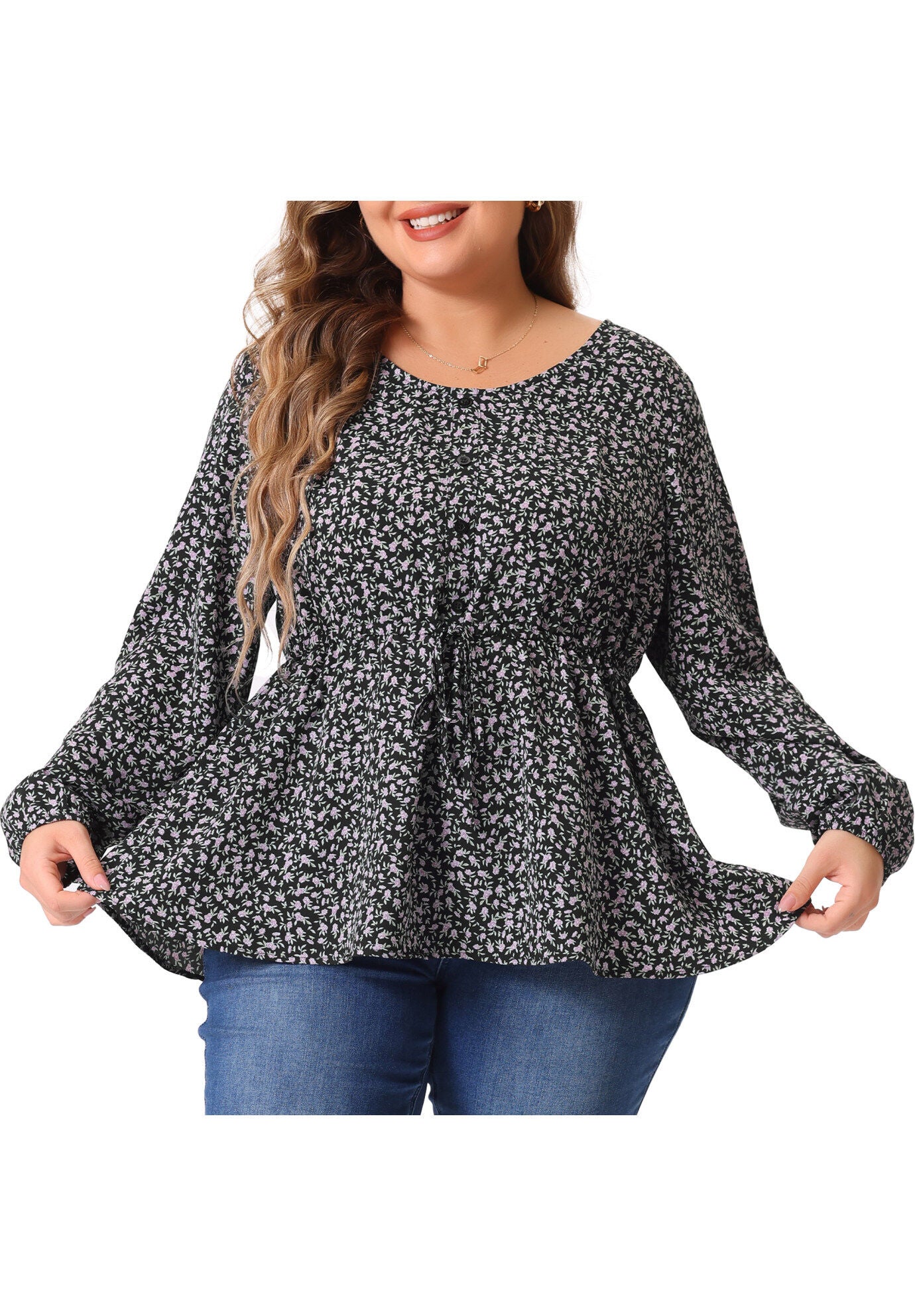 Floral Print Long Sleeves Belt Tie Ruffle Casual Peplum Top, Purple / Purple, alternate image number 1