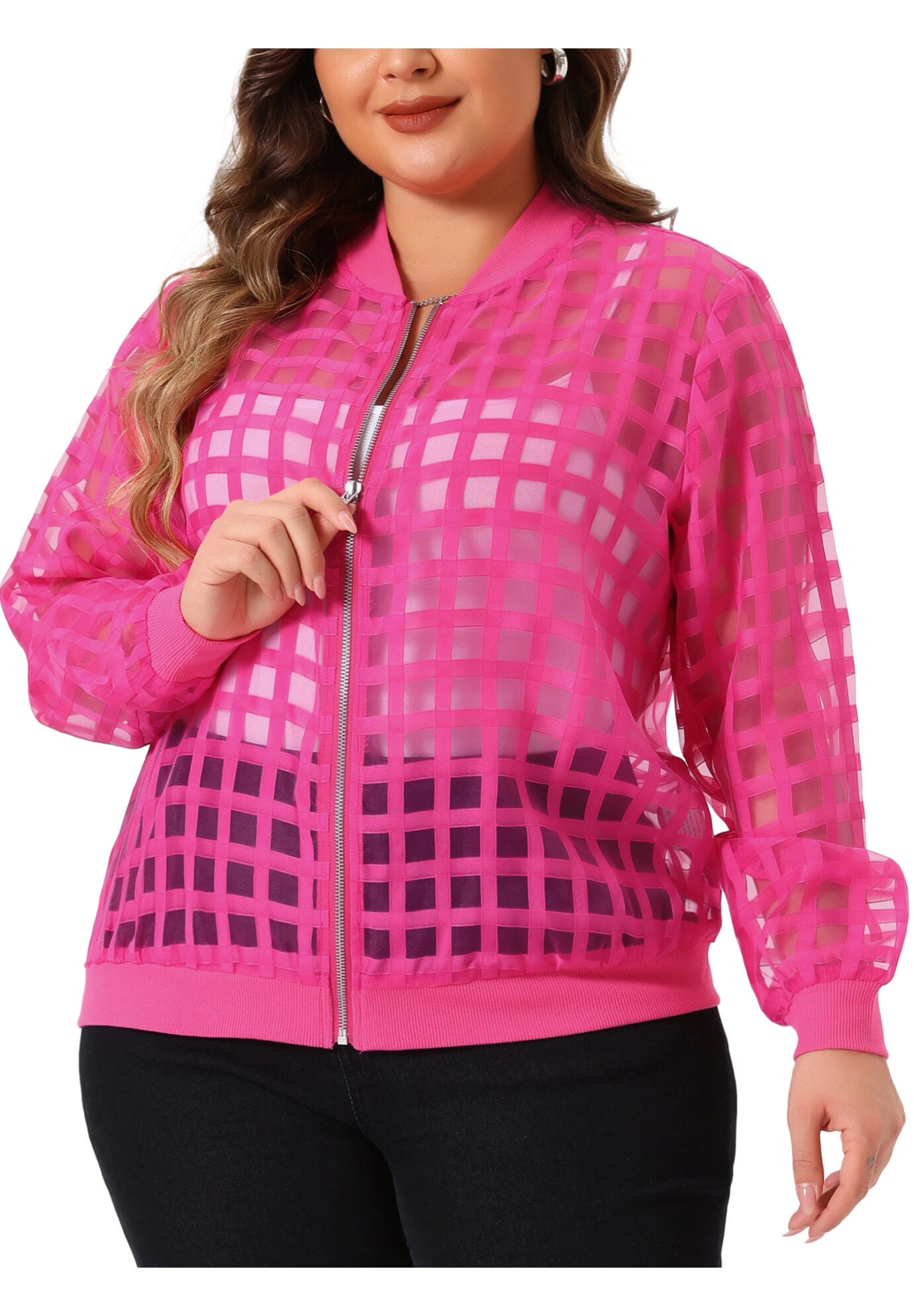 HOLLOW OUT BASEBALL COLLAR ZIP UP BOMBER JACKET, Hot Pink / Deep Fuchsia, alternate image number 1
