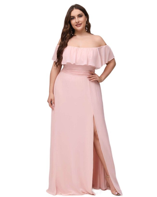 Women's Off Shoulder Ruffle Thigh Slit Bridesmaid Dresses, Pink / Pink, alternate image number null