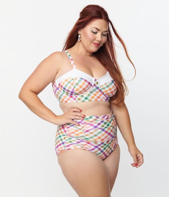 Unique Vintage Pastel Madras Gingham Marlene Crop Swim Top, Plaid Gingham Rainbow / White, alternate image number 1