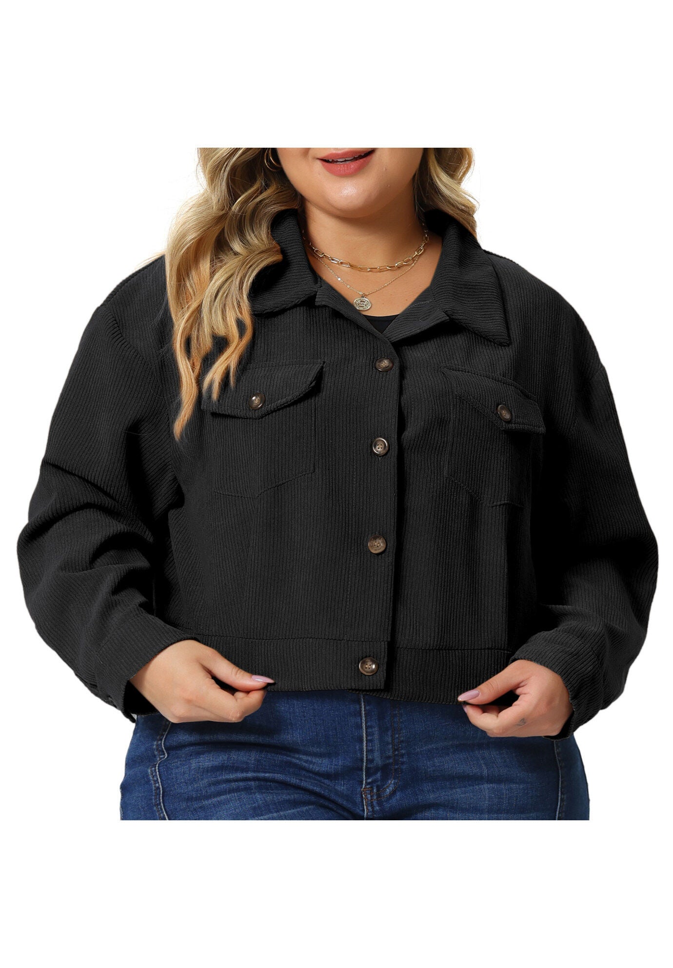 CORDUROY CROPPED BUTTON DOWN LONG SLEEVE SHIRT SHACKET JACKET, Black / Black, alternate image number 1
